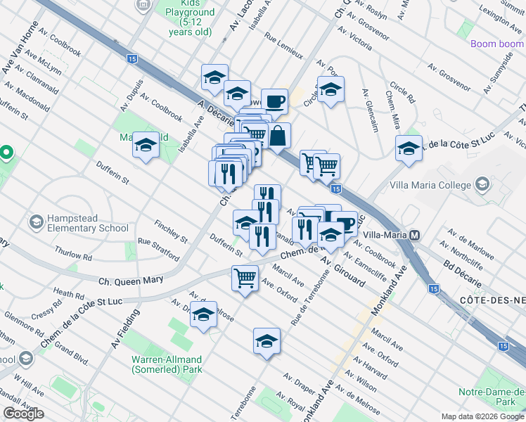 map of restaurants, bars, coffee shops, grocery stores, and more near 5485 Rue Snowdon in Montréal