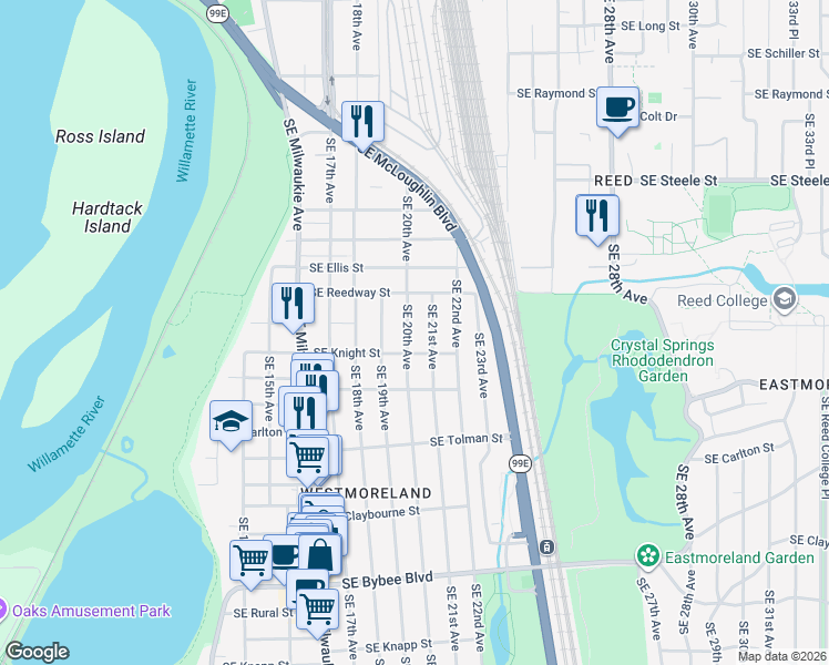 map of restaurants, bars, coffee shops, grocery stores, and more near 5814 Southeast 20th Avenue in Portland