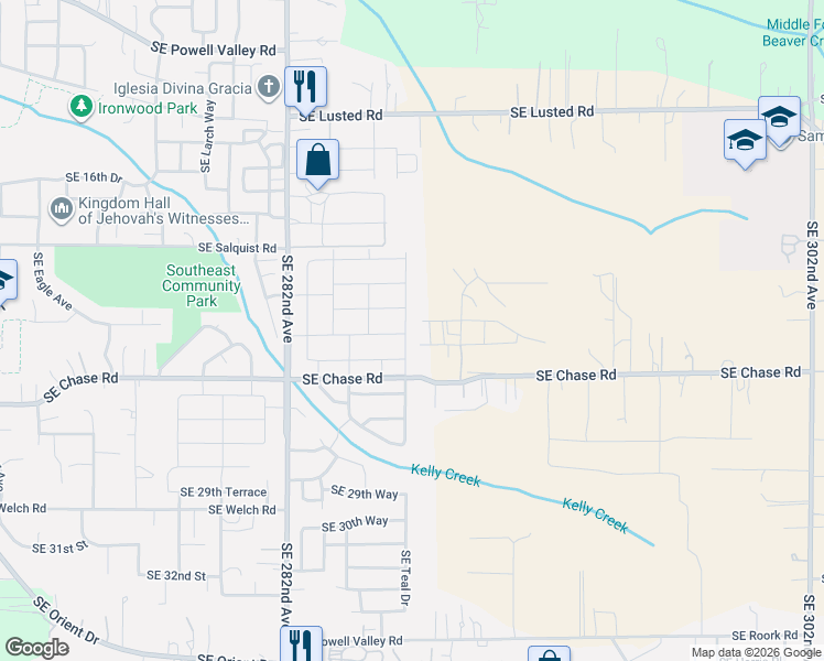 map of restaurants, bars, coffee shops, grocery stores, and more near 2270 Southeast Teal Avenue in Gresham