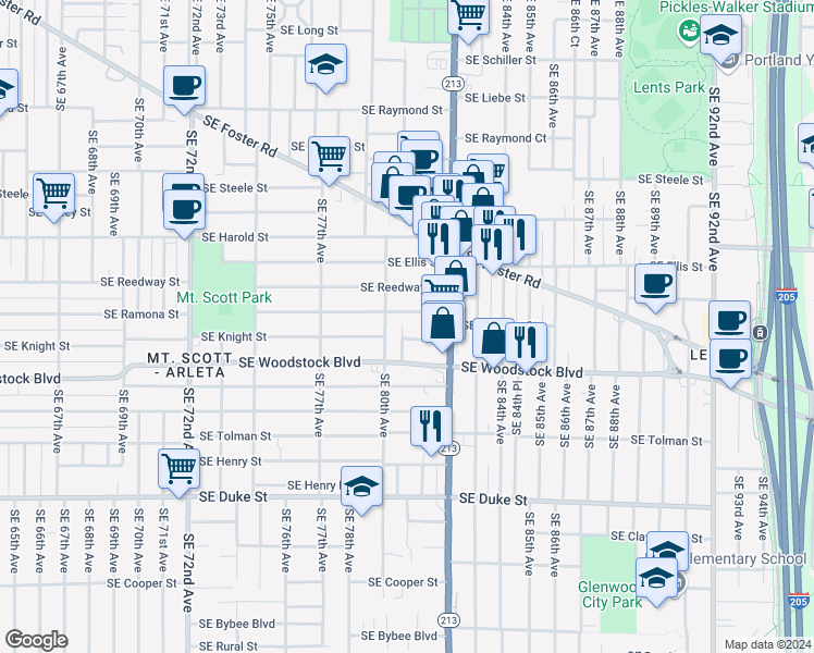 map of restaurants, bars, coffee shops, grocery stores, and more near 5823 Southeast 80th Court in Portland
