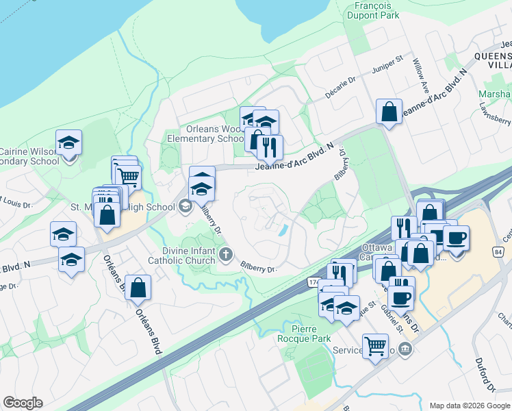 map of restaurants, bars, coffee shops, grocery stores, and more near 287 Titanium Private in Ottawa