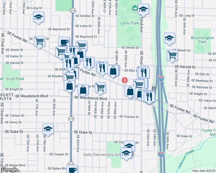 map of restaurants, bars, coffee shops, grocery stores, and more near 5751 Southeast 87th Avenue in Portland