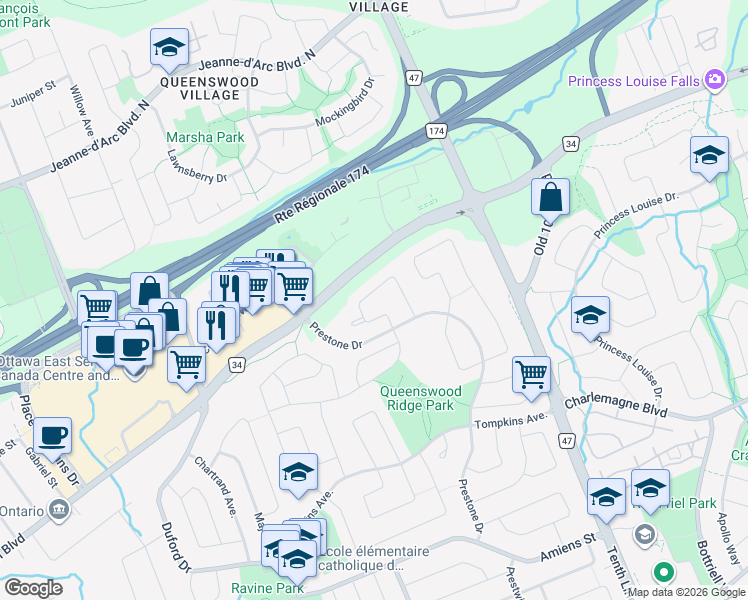 map of restaurants, bars, coffee shops, grocery stores, and more near 346 River Ridge Crescent in Ottawa