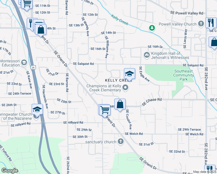 map of restaurants, bars, coffee shops, grocery stores, and more near 2356 Southeast Williams Drive in Gresham
