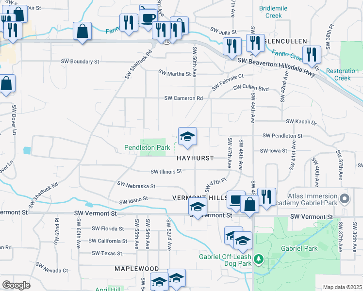 map of restaurants, bars, coffee shops, grocery stores, and more near 5124 Southwest Iowa Street in Portland