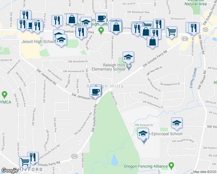 map of restaurants, bars, coffee shops, grocery stores, and more near in Raleigh Hills