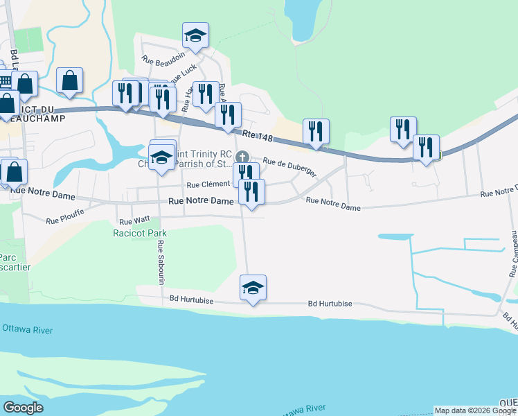map of restaurants, bars, coffee shops, grocery stores, and more near 660 Rue Notre Dame in Gatineau