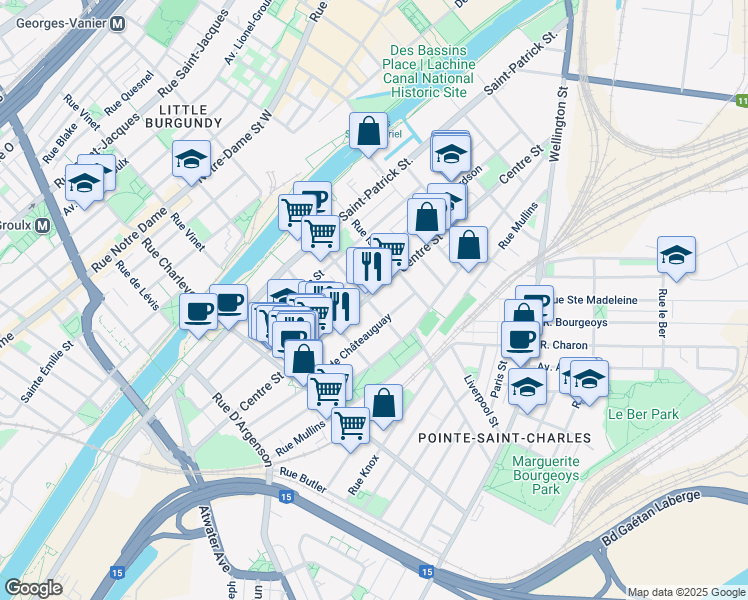 map of restaurants, bars, coffee shops, grocery stores, and more near 2194 Rue Centre in Montréal