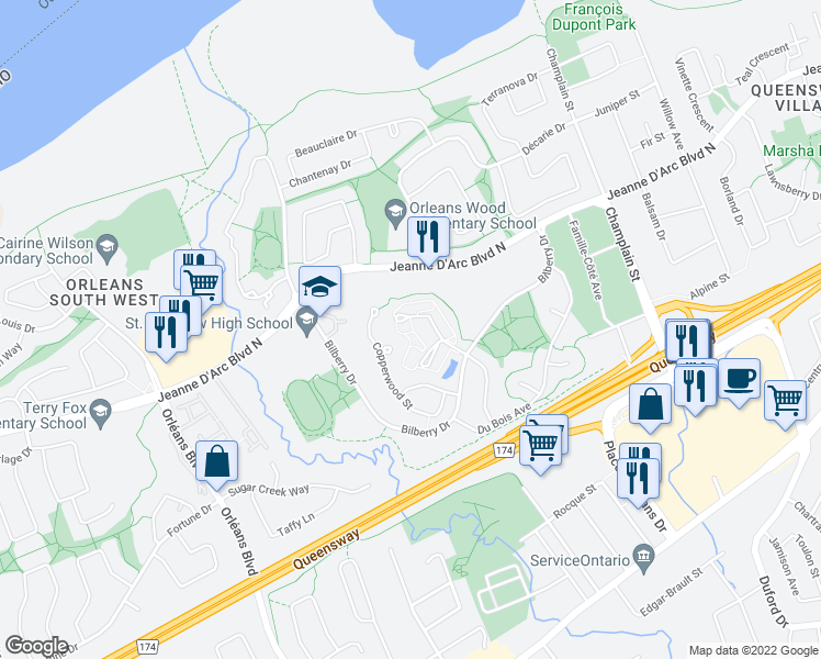 map of restaurants, bars, coffee shops, grocery stores, and more near 279 Titanium Private in Ottawa