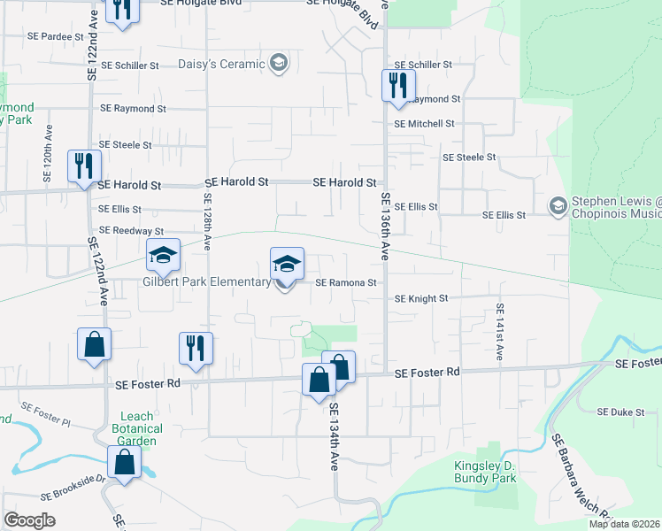 map of restaurants, bars, coffee shops, grocery stores, and more near 13336 Southeast Ramona Street in Portland