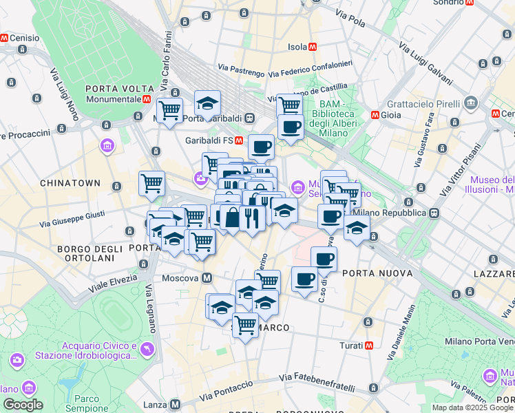 map of restaurants, bars, coffee shops, grocery stores, and more near 10 Piazza XXV Aprile in Milano