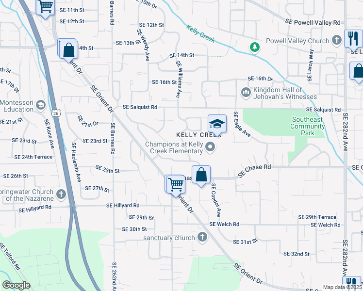 map of restaurants, bars, coffee shops, grocery stores, and more near 2356 Southeast Williams Drive in Gresham