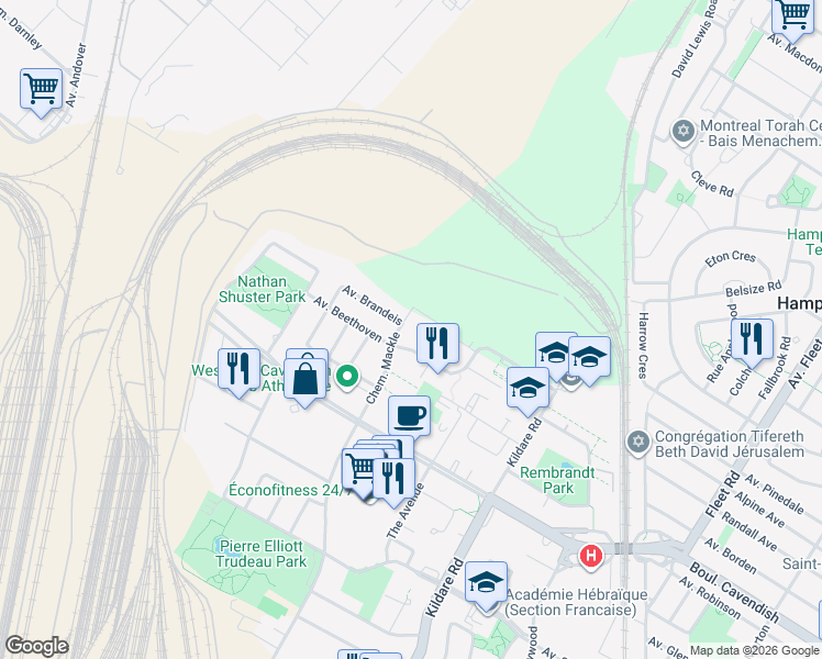 map of restaurants, bars, coffee shops, grocery stores, and more near 6500 Chemin Mackle in Côte Saint-Luc