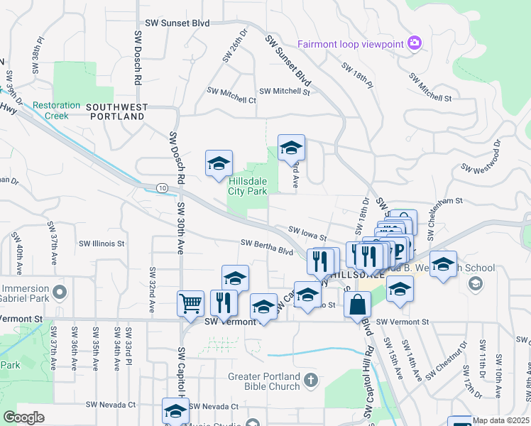 map of restaurants, bars, coffee shops, grocery stores, and more near 2517 Southwest Beaverton Hillsdale Highway in Portland