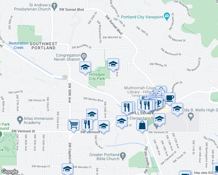 map of restaurants, bars, coffee shops, grocery stores, and more near 6036 Southwest 25th Avenue in Portland