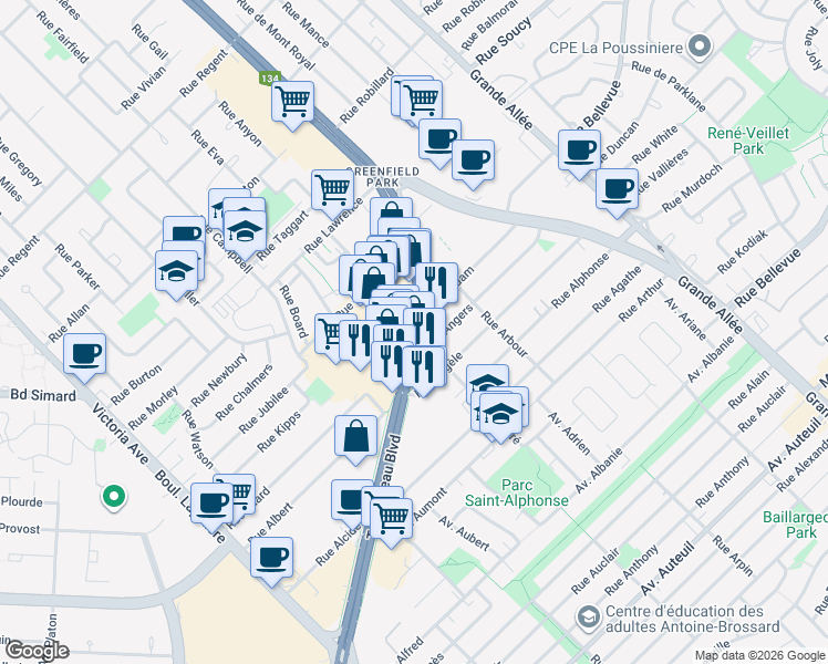map of restaurants, bars, coffee shops, grocery stores, and more near 4960 Taschereau Blvd in Greenfield Park