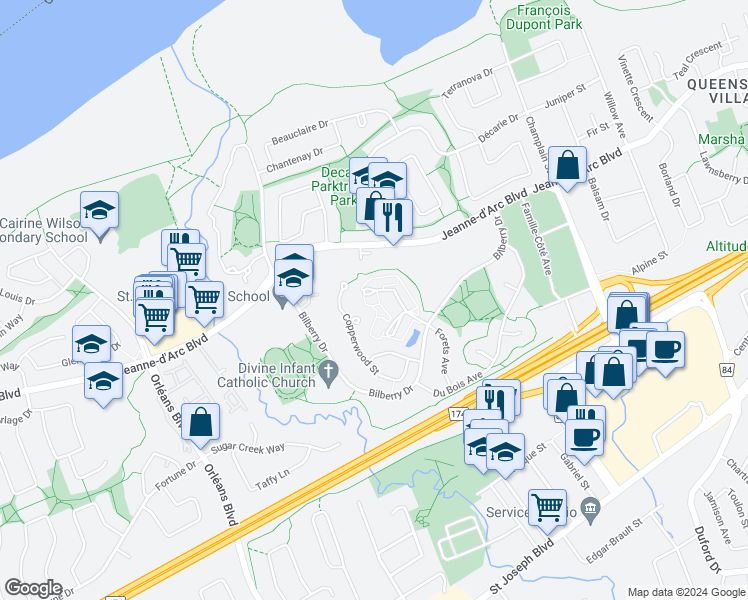 map of restaurants, bars, coffee shops, grocery stores, and more near 287 Titanium Private in Ottawa