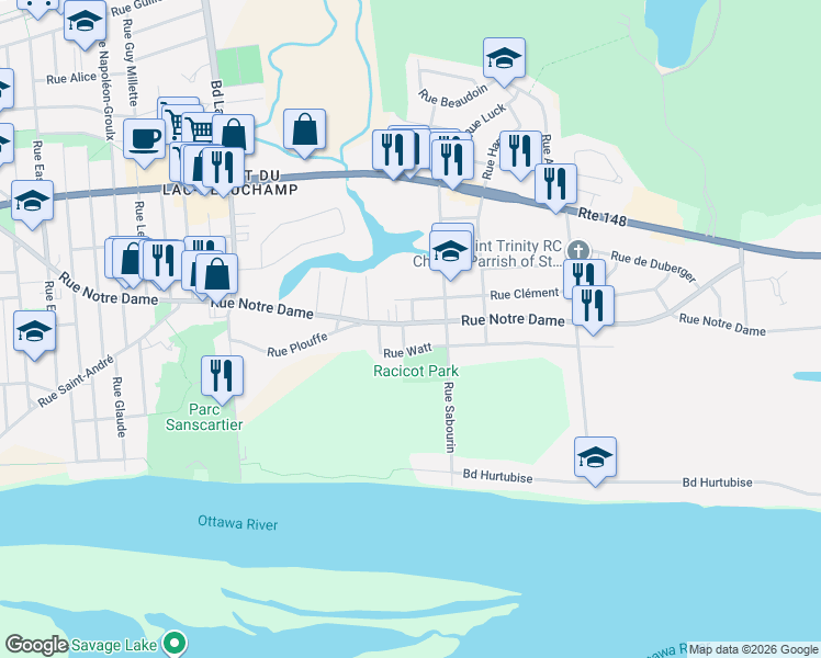 map of restaurants, bars, coffee shops, grocery stores, and more near 524 Rue Notre Dame in Gatineau