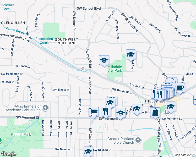 map of restaurants, bars, coffee shops, grocery stores, and more near 2805 Southwest Bertha Boulevard in Portland