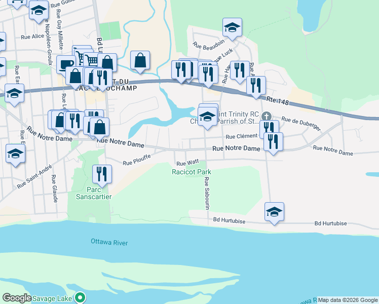 map of restaurants, bars, coffee shops, grocery stores, and more near 524 Rue Notre Dame in Gatineau