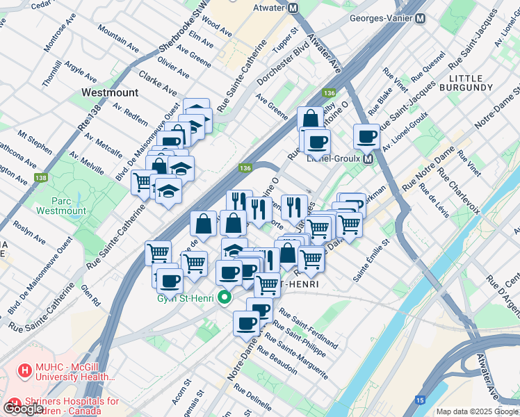 map of restaurants, bars, coffee shops, grocery stores, and more near 849 Avenue Laporte in Montréal