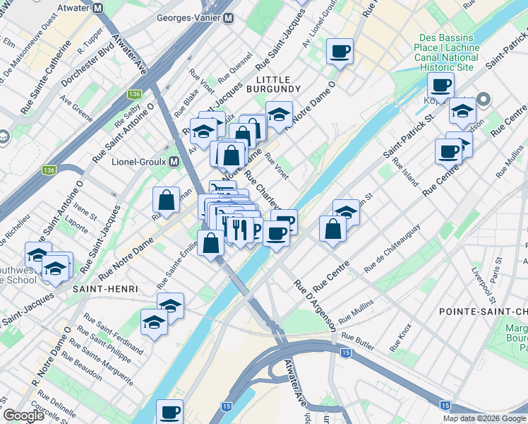 map of restaurants, bars, coffee shops, grocery stores, and more near 2625 Rue Rufus-Rockhead in Montréal