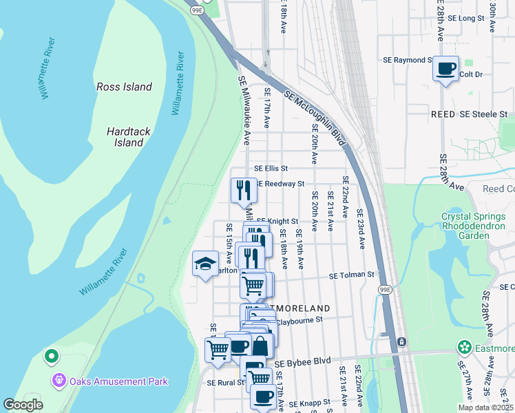 map of restaurants, bars, coffee shops, grocery stores, and more near 1610 Southeast Knight Street in Portland