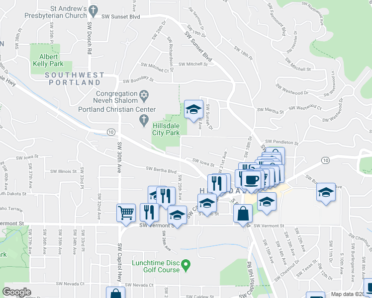 map of restaurants, bars, coffee shops, grocery stores, and more near 2325 Southwest Iowa Street in Portland