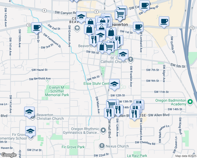 map of restaurants, bars, coffee shops, grocery stores, and more near 5470 Southwest Main Avenue in Beaverton