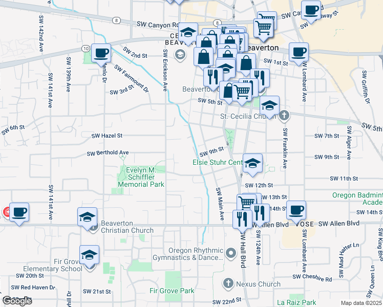 map of restaurants, bars, coffee shops, grocery stores, and more near 12900 Southwest 10th Street in Beaverton