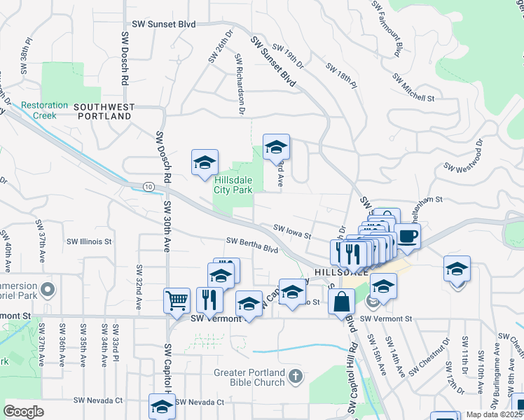 map of restaurants, bars, coffee shops, grocery stores, and more near 6038 Southwest 25th Avenue in Portland
