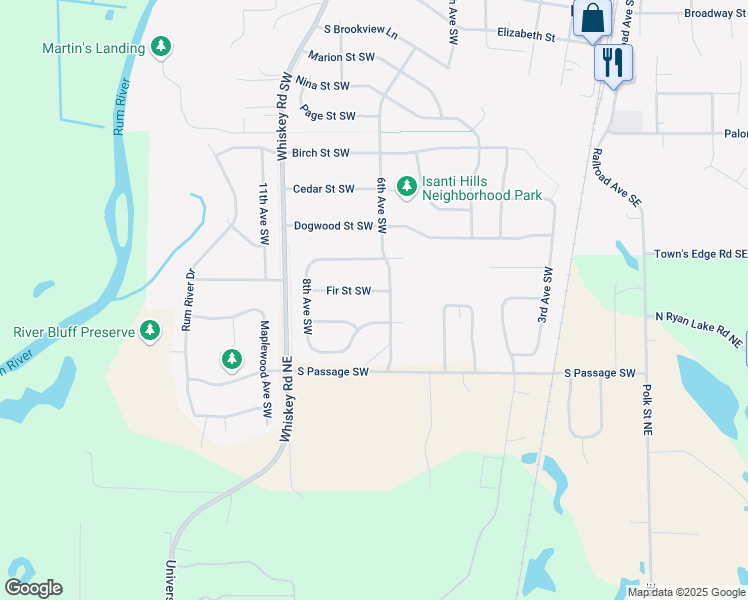map of restaurants, bars, coffee shops, grocery stores, and more near 600 Hickory Street Southwest in Isanti