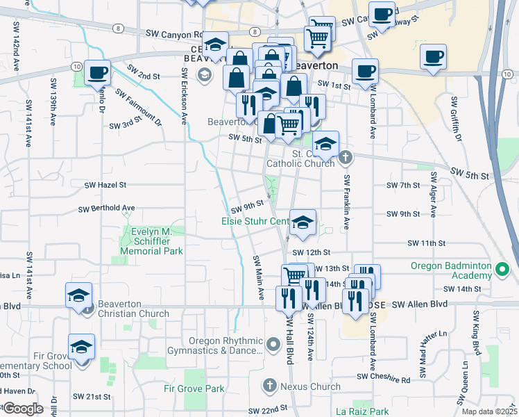 map of restaurants, bars, coffee shops, grocery stores, and more near 5470 Southwest Main Avenue in Beaverton