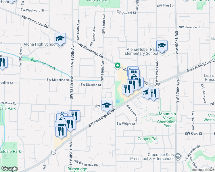 map of restaurants, bars, coffee shops, grocery stores, and more near 5400 Southwest 180th Avenue in Beaverton