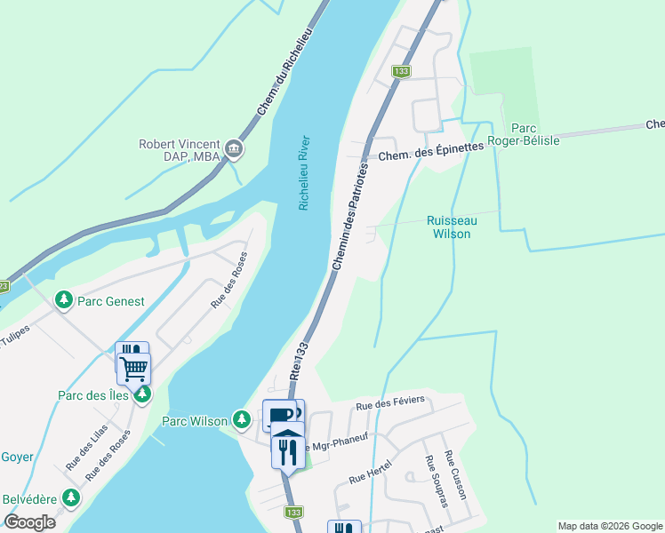 map of restaurants, bars, coffee shops, grocery stores, and more near 353 Chemin des Patriotes in Rouville