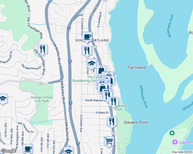map of restaurants, bars, coffee shops, grocery stores, and more near 6038 South Hood Avenue in Portland