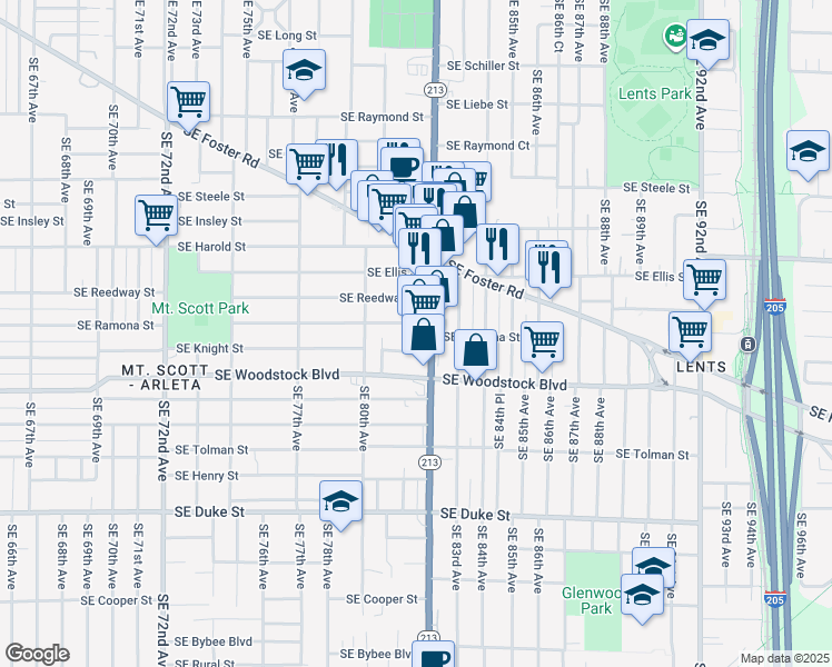 map of restaurants, bars, coffee shops, grocery stores, and more near 8126 Southeast Ramona Street in Portland
