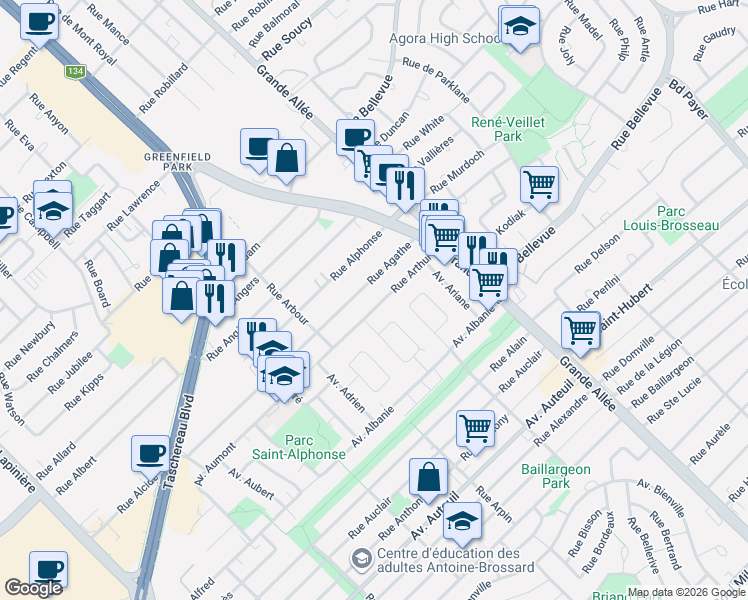 map of restaurants, bars, coffee shops, grocery stores, and more near 5870 Rue Arthur in Brossard