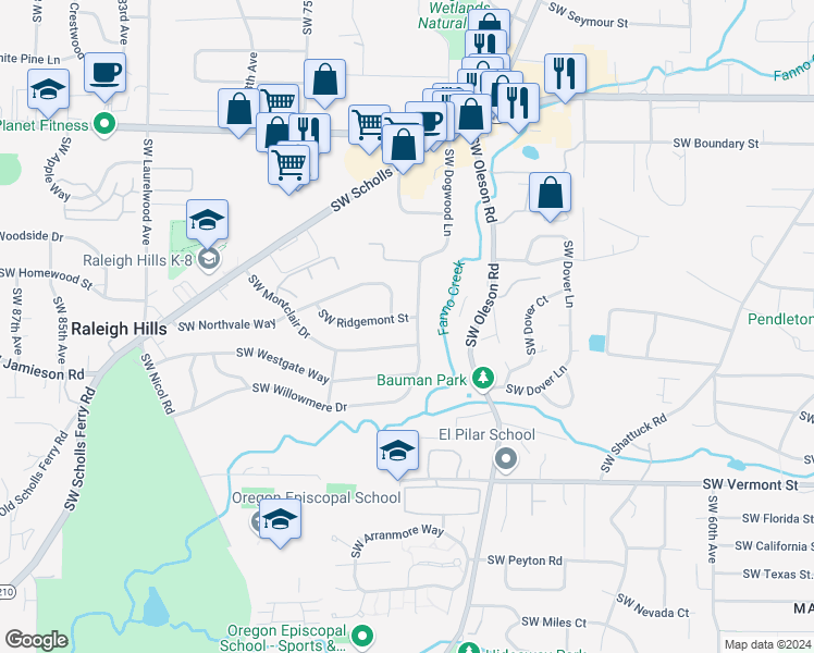 map of restaurants, bars, coffee shops, grocery stores, and more near 7050 Southwest Ridgemont Street in Portland