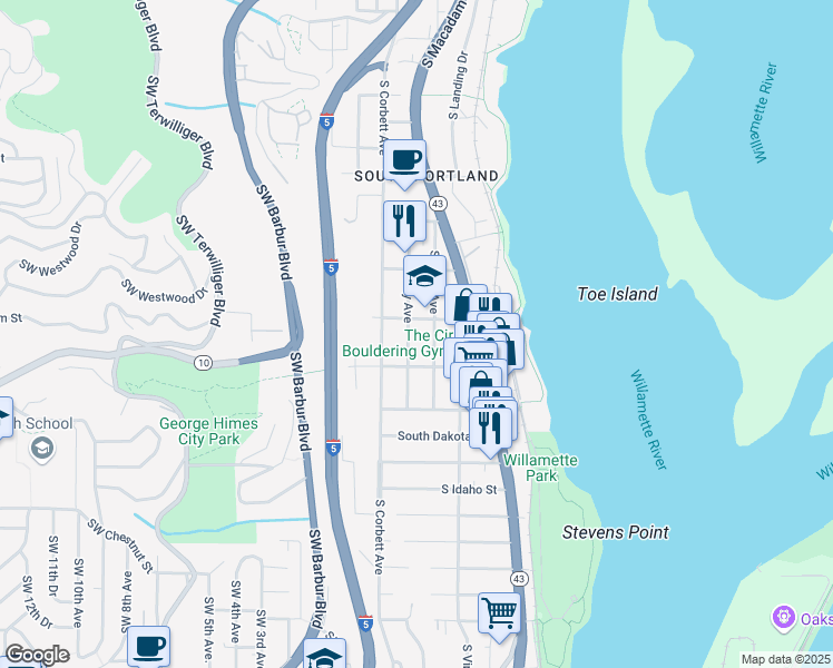 map of restaurants, bars, coffee shops, grocery stores, and more near 5916 SW Kelly Ave in Portland