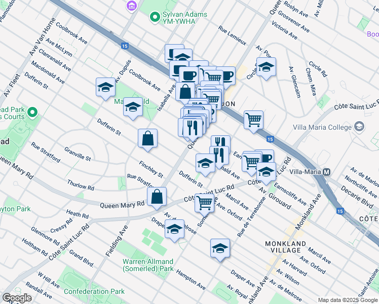 map of restaurants, bars, coffee shops, grocery stores, and more near 5530 Chemin Queen Mary in Montréal