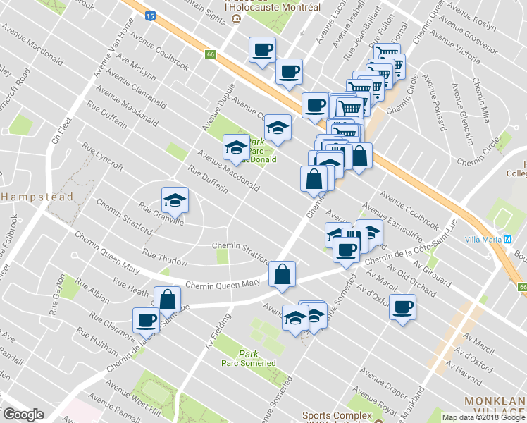 map of restaurants, bars, coffee shops, grocery stores, and more near 107 Rue Dufferin in Hampstead