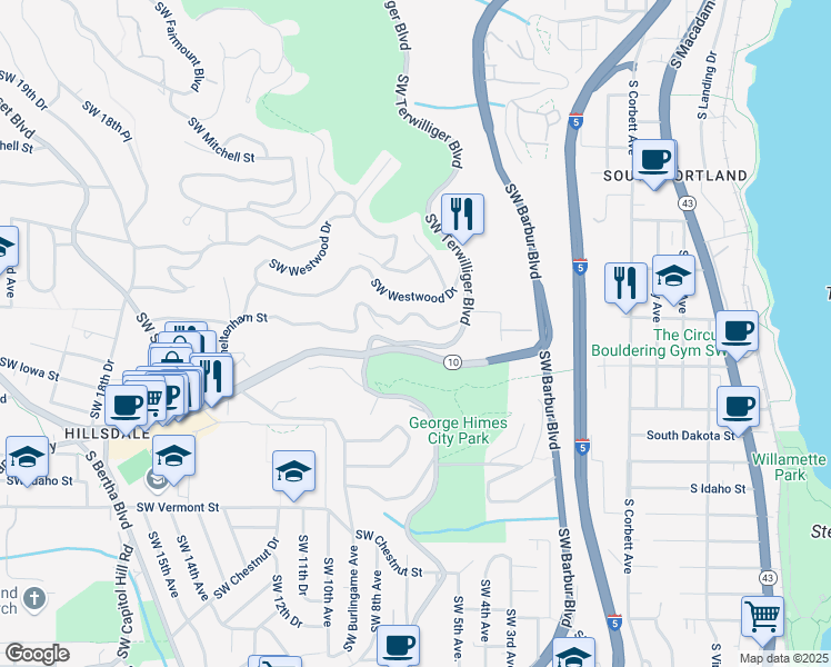 map of restaurants, bars, coffee shops, grocery stores, and more near 5983 Southwest Terwilliger Boulevard in Portland