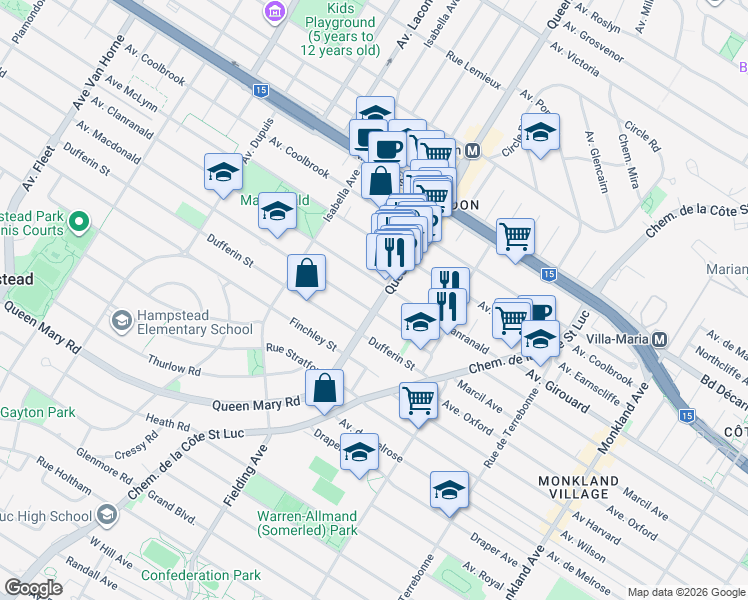 map of restaurants, bars, coffee shops, grocery stores, and more near 5549 Chemin Queen Mary in Montréal