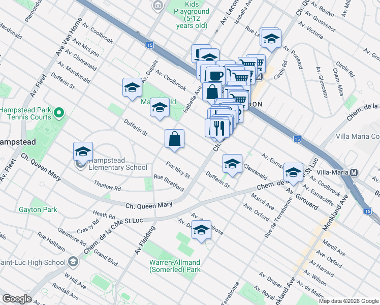 map of restaurants, bars, coffee shops, grocery stores, and more near 5140 Avenue Macdonald in Hampstead