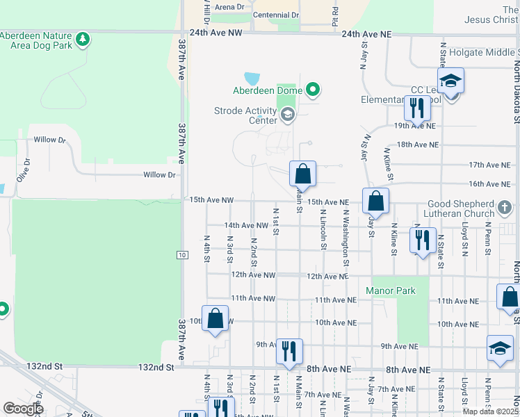 map of restaurants, bars, coffee shops, grocery stores, and more near 15th Avenue Northwest in Aberdeen