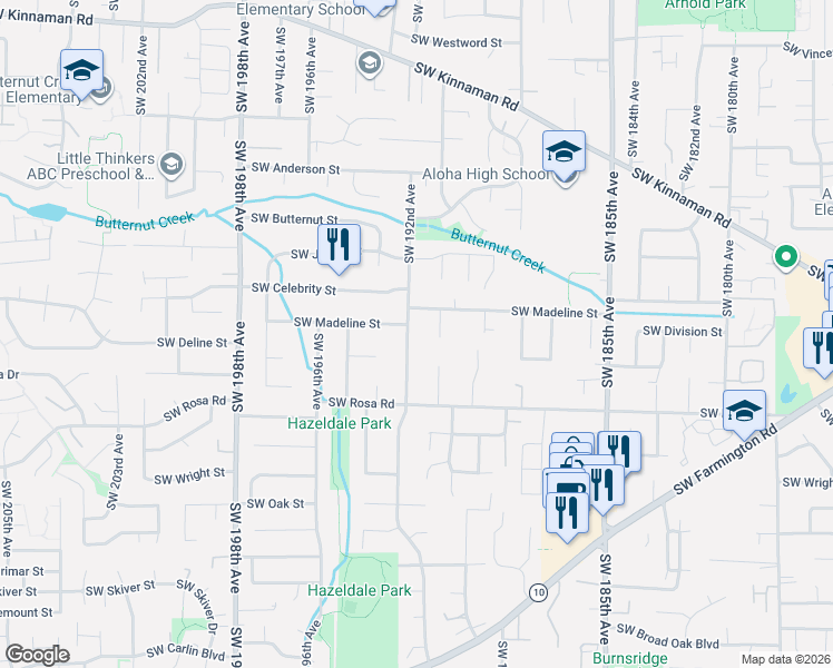 map of restaurants, bars, coffee shops, grocery stores, and more near 5390 Southwest 192nd Avenue in Beaverton