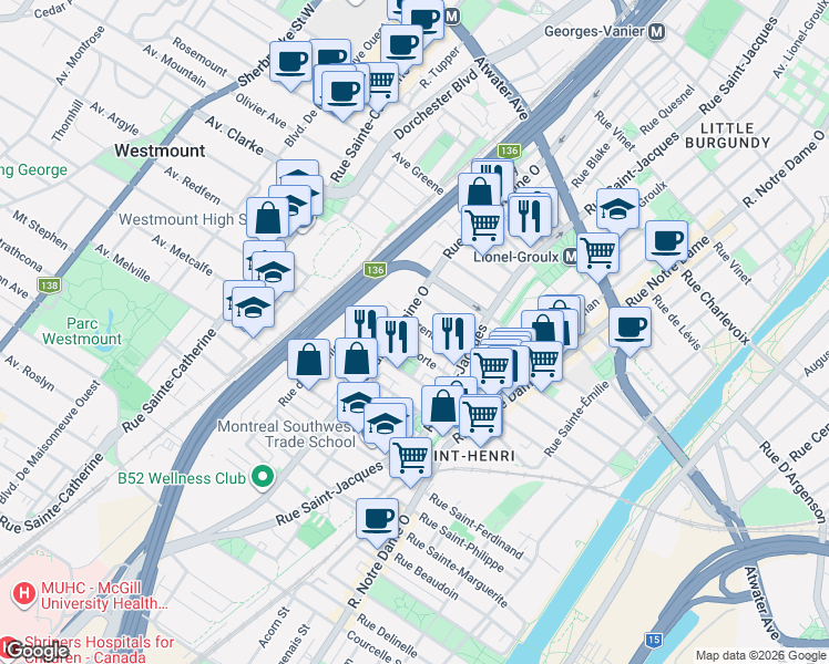 map of restaurants, bars, coffee shops, grocery stores, and more near 3810 Rue Saint-Antoine Ouest in Montréal