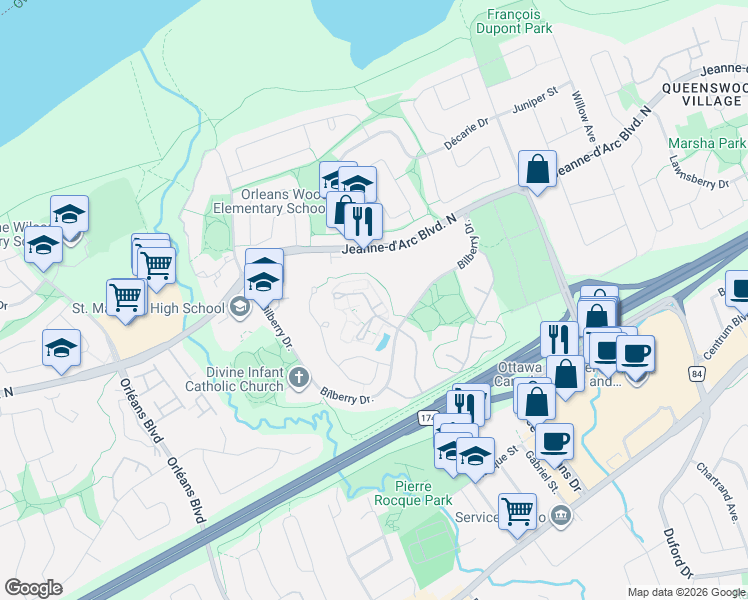 map of restaurants, bars, coffee shops, grocery stores, and more near 230 Titanium Private in Ottawa