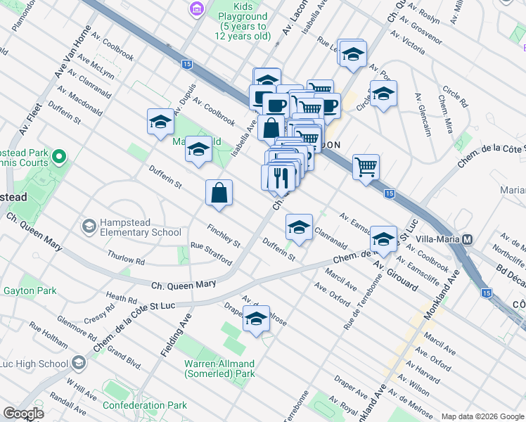 map of restaurants, bars, coffee shops, grocery stores, and more near 5549 Chemin Queen Mary in Montréal